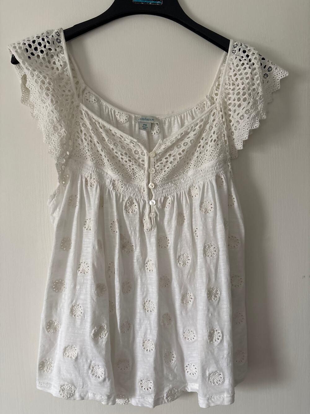 Sundance Women's 100% Cotton Crochet Eyelet Peasant Top Blouse PM Petite Medium